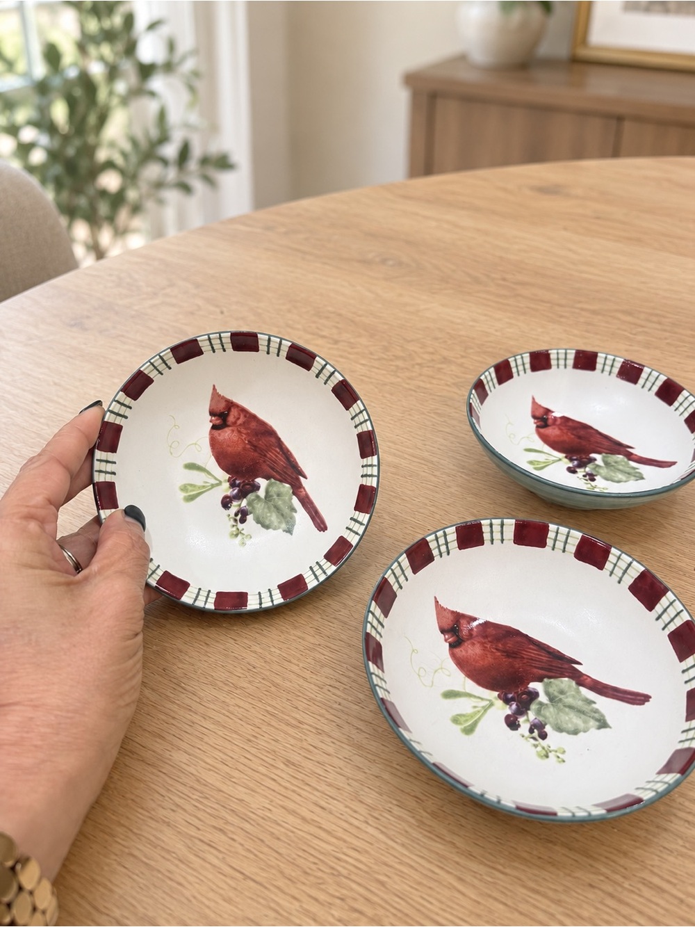 Lenox Red Cardinal Ceramic Serving Bowls with Green Accents - Set of 3